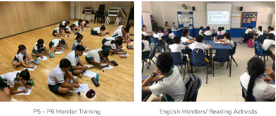 Students in uniforms sit on a floor writing during monitor training, and in a classroom watching a reading presentation.